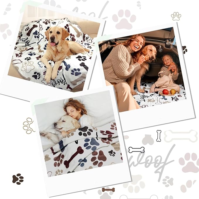 Tupmnbry Dog Throw Blanket Dog Paw Bones Print Blanket Super Soft Flannel Fleece Blanket Lightweight Fluffy Plush Bed Blankets for Bedding Sofa and Travel 50"X60"