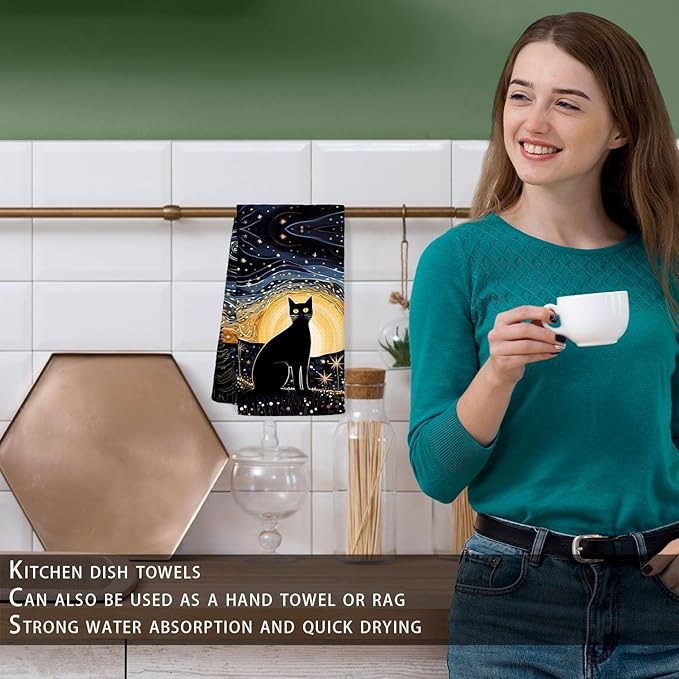 Black Cat Kitchen Towels - Black Cat Decor,Cat Kitchen Decor,Black Cat Gifts for Women,Cat Dish Towels,Cat Hand Dish Tea Towels 16×24 Inch,Cat Gifts for Cat Lovers,Cat Towels for Women, Small