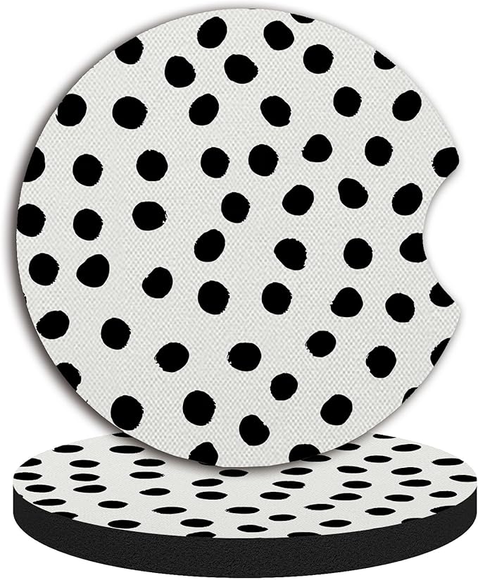 Car Coasters for Cup Holders,Cute Car Accessories for Women Interior,Cute Auto Accessories Gifts Cute Black Polka Dot,Pack of 2 2.75inch Drink Cup Car Holder Coasters with A Finger Notch