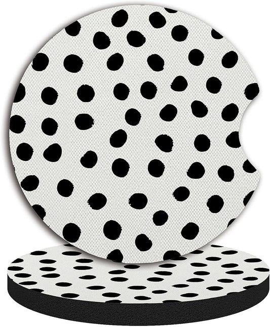 Car Coasters for Cup Holders,Cute Car Accessories for Women Interior,Cute Auto Accessories Gifts Cute Black Polka Dot,Pack of 2 2.75inch Drink Cup Car Holder Coasters with A Finger Notch