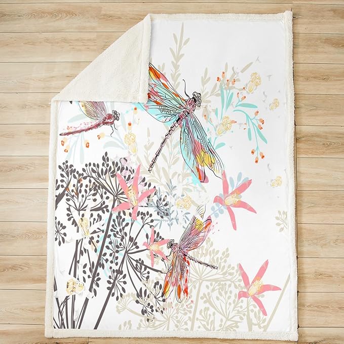 Feelyou Dragonfly Fleece Sherpa Throw Blanket Soft Cozy Fluffy Flowers Fuzzy Blanket Caring Gift for Women & Adults Botanical Weed Plush Microfiber Blanket 90"X90"