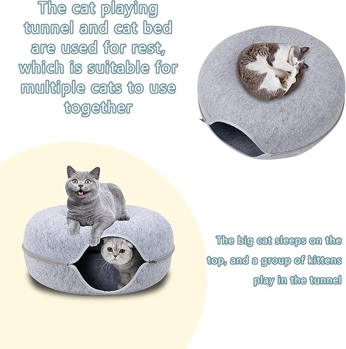 Cat Tunnel Bed, Cat Bed Donut, Cat Toy Hideout Indoor, Cat Condo, Cat Cave, Cats Toys Scratch Resistant Hideout, for All Seasons (light grey-2024, 24 * 24 * 11 inches)