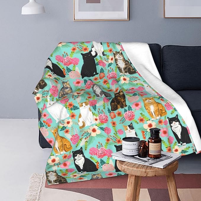 Cat Blanket Gifts for Girls Women Cute Cats Flowers Flannel Fleece Throw Blanket Soft Plush Lightweight Warm Fuzzy Teal Blanket for Cat Lovers Decor Bed Couch Living Room for Kids 60"X80"