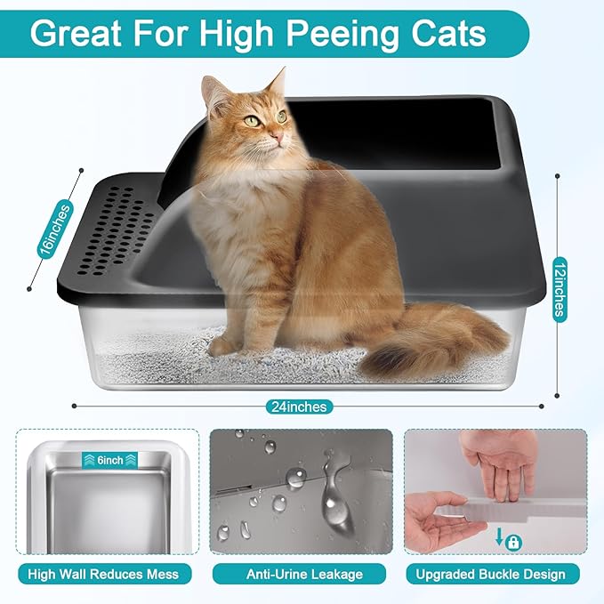 2 Pack Stainless Steel Cat Litter Box with Lid, Enclosed Sides Extra Large Matel Litter Box for Big Cats, XL Steel Litter Pan for Multiple Cats with Cat Litter Scoop, Easy Cleaning