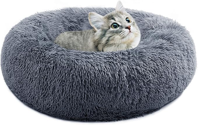 Small Cat Bed for Indoor Cats, Self-Warming Donut Kitty Bed for Small Cats Keeping Warm, Washable Pet Bed with Anti Slip Base, 20‘’ Darkgrey
