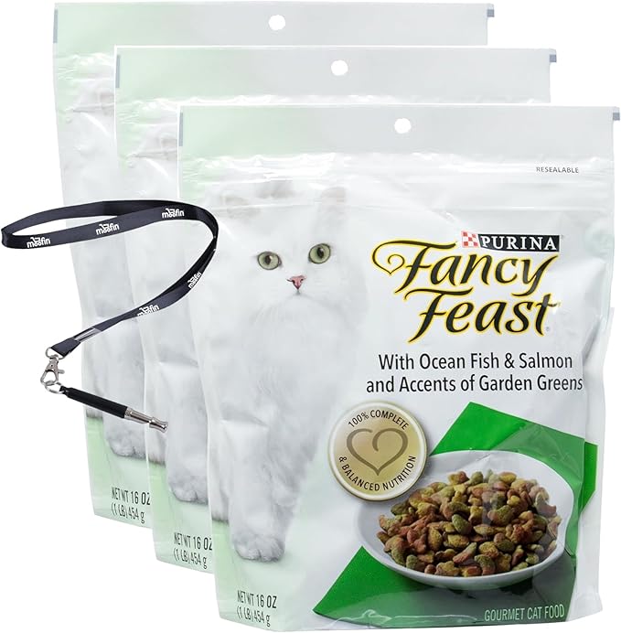 Fancy Feast Cat Food, 16 Oz, with Ocean Fish Salmon -Gourmet Dry Blend SS Pet Training Whistle, Ideal for Sensitive Stomachs, Compatible with Regular Feeding Regimen (Pack of 3)