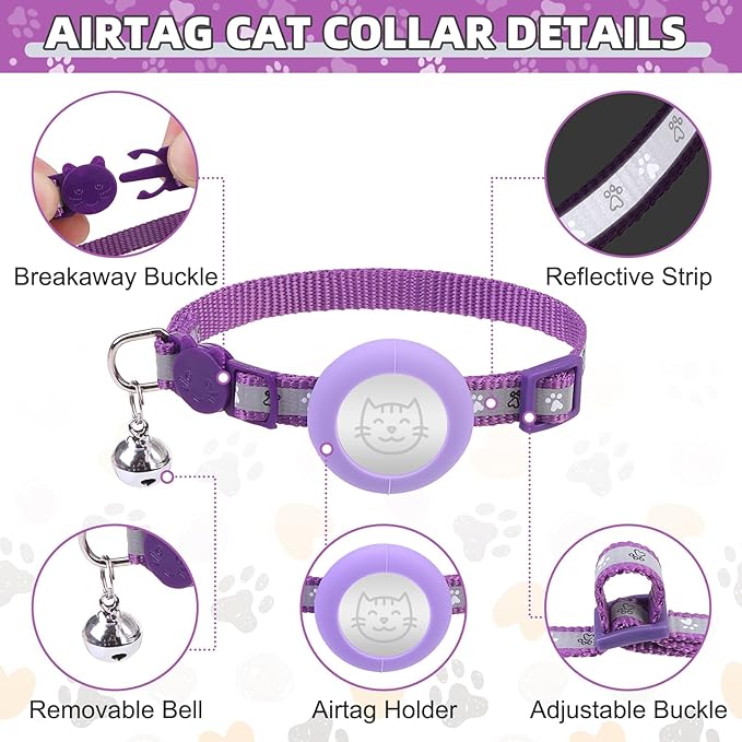 KOOLTAIL Cat Harness and Leash Set Escape Proof with Cat Airtag Holder Collars (3 in 1), Comfortable Lightweight Adjustable Kitten Harness for Small Medium Large Cats Safe Walking & Travel, Purple