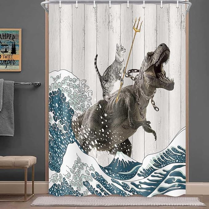 Boziqr Funny Cat Shower Stall Curtain, Cool Cat Dinosaur Japanese Ocean Wave Decor Fabric RV Bathroom Curtains, Kids Children Rustic Wooden Farmhouse Shower Curtain, 47 X 64 Inches