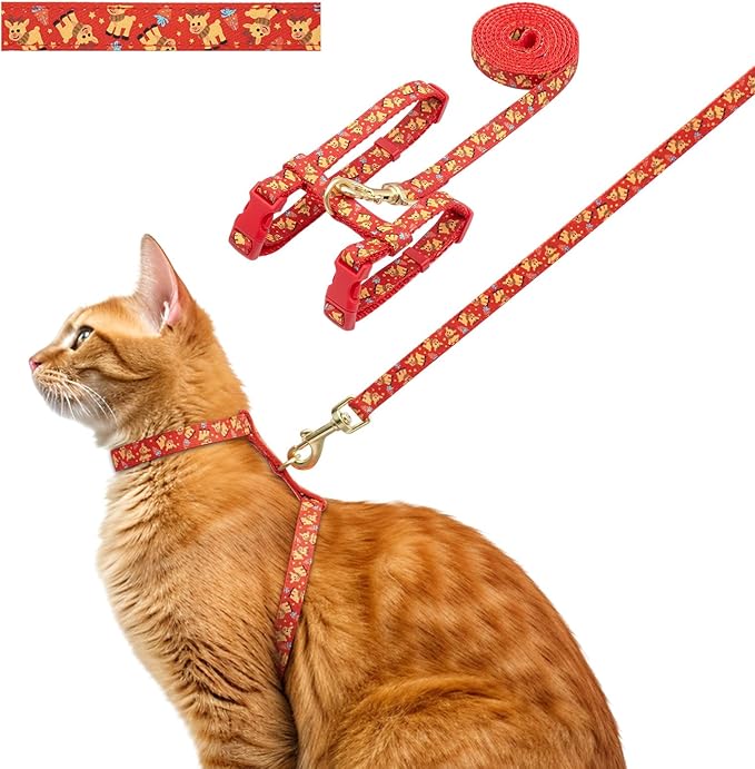 azuza Christmas Cat Harness and Leash Set for Safe Walking and Travel, Reindeer Print Cat Harness Escape Proof Lightweight Size Adjustable Soft Material for Small Large Cats