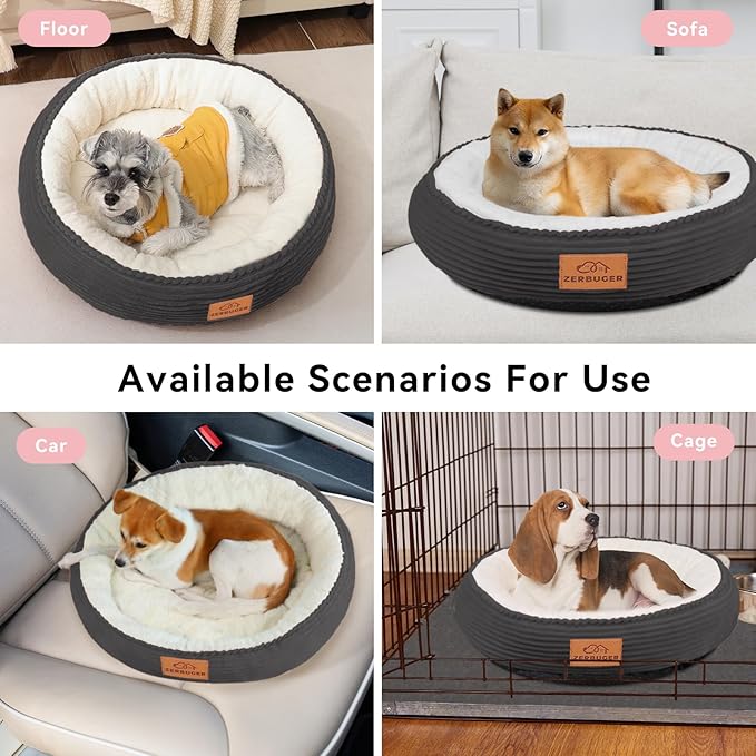 30in Round Cat Dog Bed for Large Medium Small Dogs Cats, Machine Washable Sleeping Sofa, Non-Slip Bottom Breathable Soft Calming Pet Cuddler for Indoor/Outdoor/Car/Cage, Dark Grey