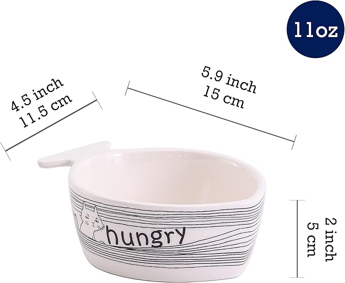 Bico Linear Cartoon Kitty Fish Shaped Ceramic Cat Bowl, for Cat and Kitten, Dishwasher Safe