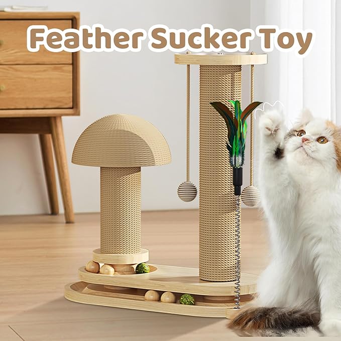 Cat Scratching Post- 4 in 1 Cat Scratch Post Kitten Toys for Indoor Cats, Wooden Cat Scratcher with 2 Level Cat Track Ball, Interactive Cat Feather Toy, Mushroom Cat Scratcher and Sisal Hanging Ball