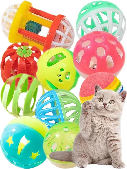 Cat Toys for Indoor Cats & Kittens - 10 Plastic Balls with Bells, Interactive Play & Healthy Exercise, 1.5-2.2 Inches, Assorted Styles