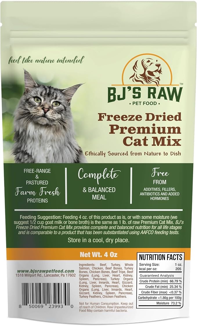 BJ's Raw Pet Food Freeze Dried Complete Premium Cat Mix Protein Rich Nutritious Meal for Optimal Health Made in USA, 4-Ounce