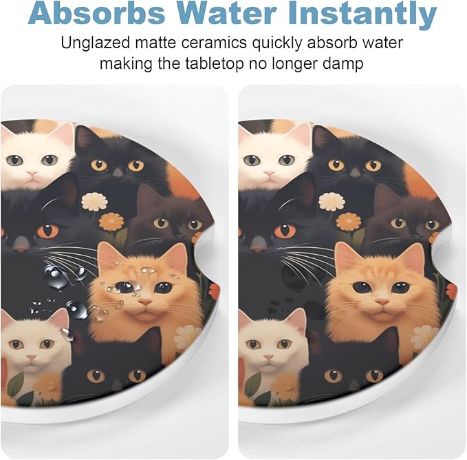 2 Pack Car Cup Holder Coaster, 2.63 inch Anti Slip Insert Absorbent Ceramic Car Coaster with Cork Base and Finger Notch, Cute Car Accessories Interior for Women, Cute Car Coasters., Cats