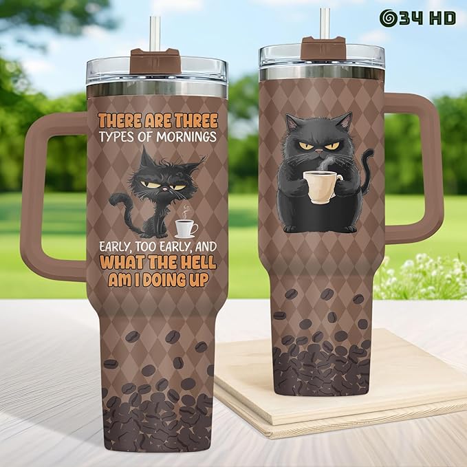 34HD Black Cat Tumbler with Handle & Straw, 40oz Vacuum Insulated Coffee Travel Mug, Black Cat Gifts for Men Women Birthday Halloween Christmas, Funny Gifts for Night Owls Coffee Lovers