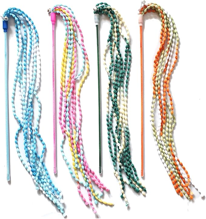 IUHKBH Cat Teaser Toys, 4 PCS Plush Srtip Cat Wands Interactive Cat Teasing Stick Vibrant Cat Teaser Wands with Bell for Cat Kitten Having Fun Exerciser Playing