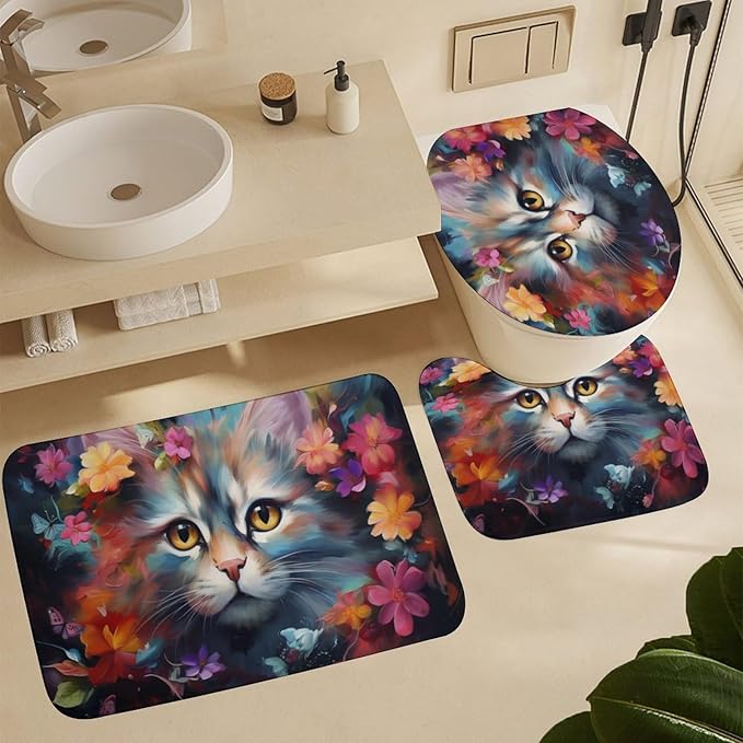 Abstract Floral Cat Shower Curtain 4 Piece Sets with Non-Slip Rugs,Toilet Lid Cover and Bath Mat Flower Cute Animal Rustic Waterproof Shower Curtain with 12 Hooks Bathroom Set Home Decor, Style-5