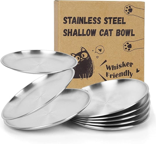 8PC Stainless Steel Cat Bowls Set - Whisker-Friendly Shallow Dishes for Indoor Cats, 6.7" Anti-Fatigue Food Bowl for Wet/Dry Food (13oz)