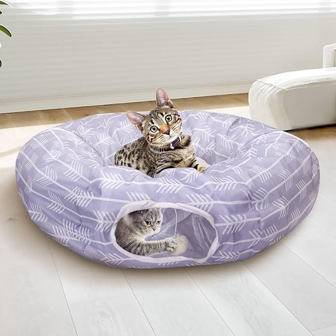 Nobleza Cat Tunnel Bed, Collapsible Washable Cat Tube Tent Toy for Indoor Play Rest, Lightweight Ventilate Cool Kitty Tube Toy Round Donut Tunnel with Detachable Cushion Hanging Balls