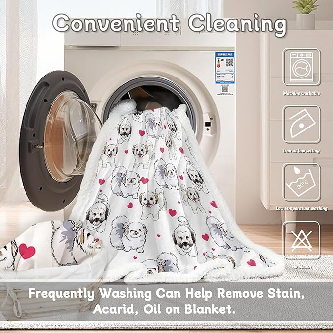 BlessLiving Shih Tzu Sherpa Throw Blanket - Super Soft Fuzzy Cozy Warm Red Hearts Dog Blanket Thick Plush Fluffy Blankets for Teen Girls Women Couch Bed Sofa Chair Men Boys Gift (Throw, 50x60 Inches)