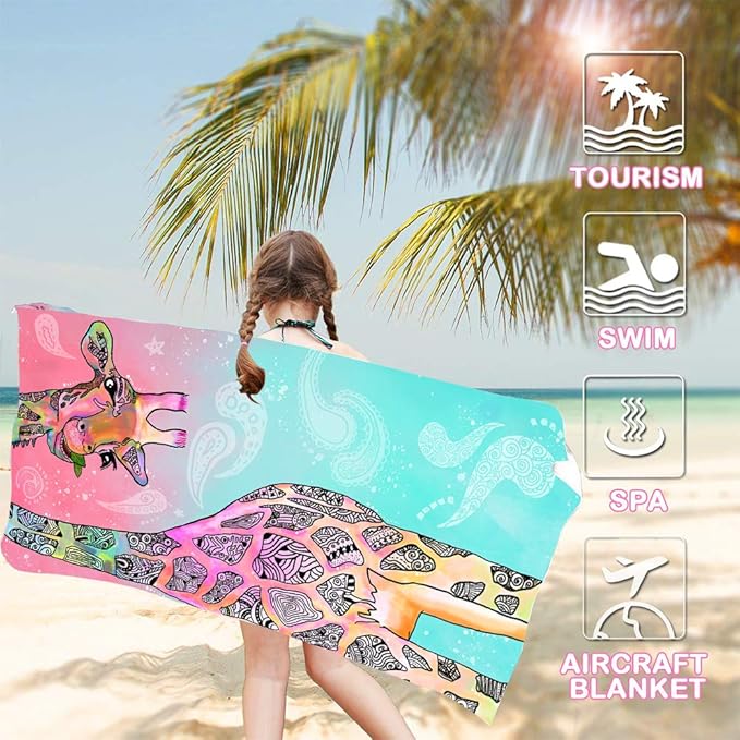 Bonsai Tree Giraffe Beach Towel, Cute Funny Teal Pink Mandala Giraffe Microfiber Bath Towel Gifts for Kids Women, Colorful Abstract Trippy Sand Free Quick Dry Travel Towels for Yoga Sports 30" x 60"
