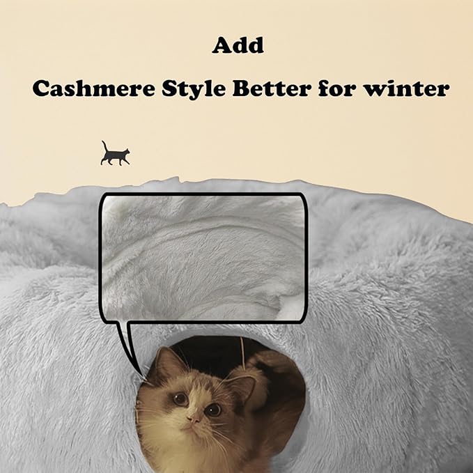 Cat Tunnel Bed for Indoor Cats, with Detachable Soft Mat, Fluffy Plush Central Cat Couch, Hanging Toy, Multifunctional Plush Cattasaurus Peekaboo Cave for Small, Medium, Large Cats, Rabbit