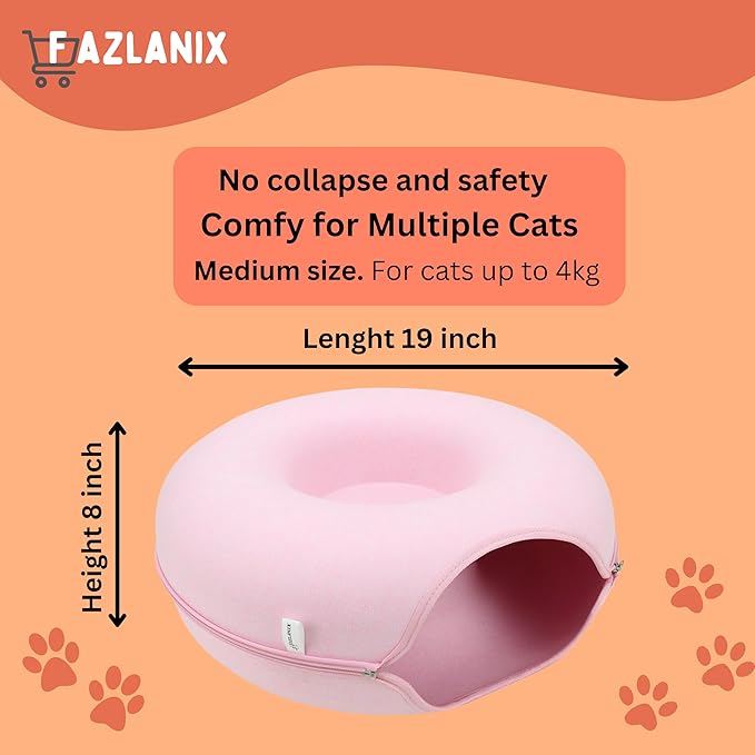 Medium Pink Pet Round Tunnel Cave | Toy Hiding Tent for Pets, Kittens, Rabbits, Puppies | Flexible Zipper Detachable Design Size 50x50x20cm, 0.72 Kg