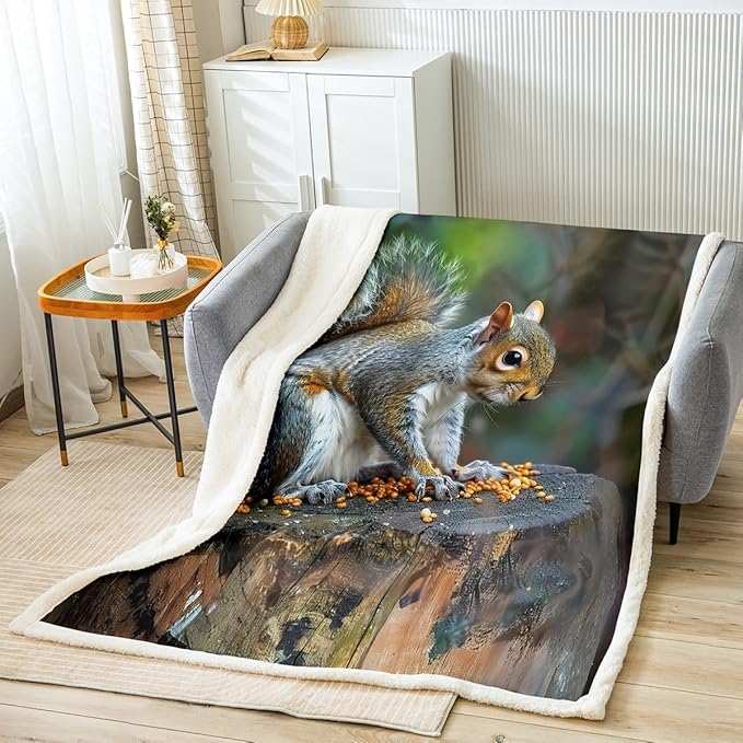 Feelyou Kids Throw Blanket Boys Girls Squirrel Sherpa Blanket Cute Wild Animal Fleece Blanket Lovely Wildlife Decor Fuzzy Blanket for Bed Chair Sofa Couch Super Soft Plush Fuzzy BlanketQueen 90"x90"