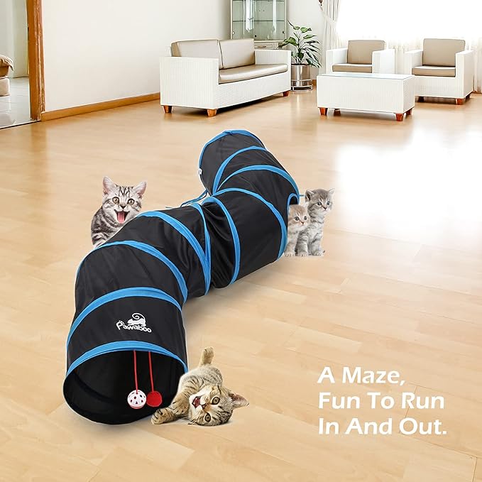Pawaboo Cat Toys, Cat Tunnel Tube S-Shaped Tunnels 25x97cm Extensible Collapsible Cat Play Tent Interactive Toy Maze Cat House with Balls and Bells for Cat Kitten Kitty Rabbit Small Animal, Blue