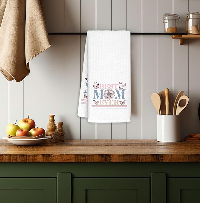 Best Mom Ever Kitchen Towels Decorative, for Mom from Sons Daughters Dish Towels, Best Mom Birthday Gifts Hand Towels Drying Cloth for Kitchen Bathroom Decor, 16x24 Inch