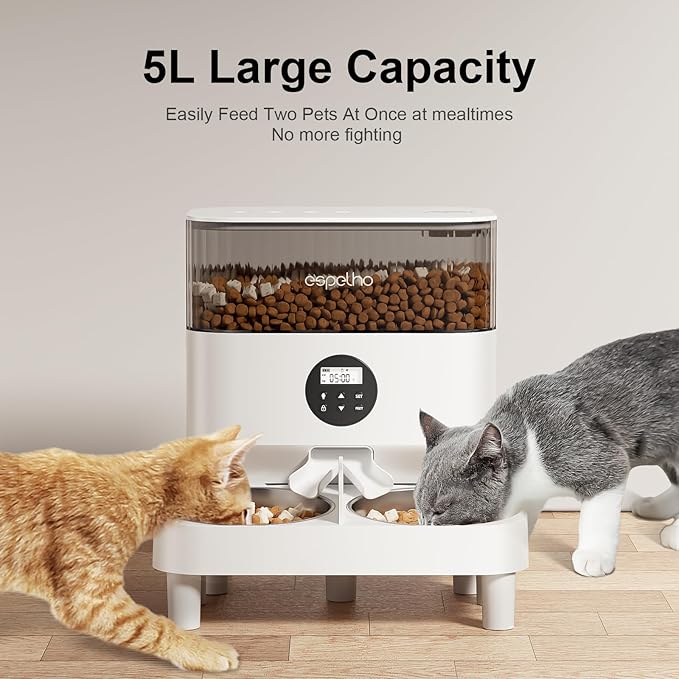 Elevated Automatic Cat Feeders for 2 Cats - 5L Timed Cat Food Dispenser with Raiser Kit & 2 Stainless Steel Bowls, 10s Meal Call Programmable Portion Control Pet Feeder for Cats & Dogs