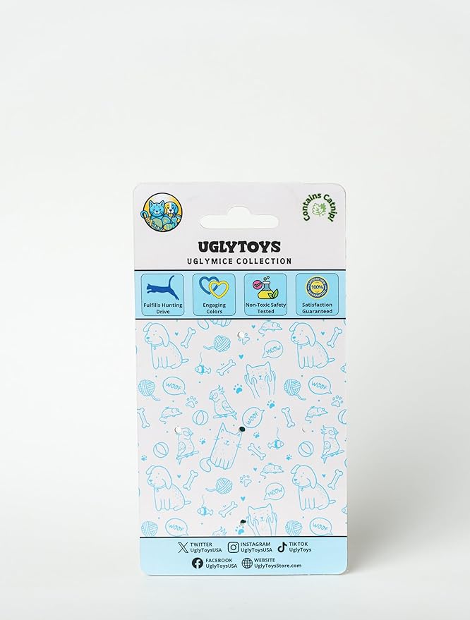 USA - UglyMice Collection, Refillable Plush Catnip Mouse Toy for Cats, Blue & Yellow Colors for Visual Enrichment, Hidden Pouch Catnip Included