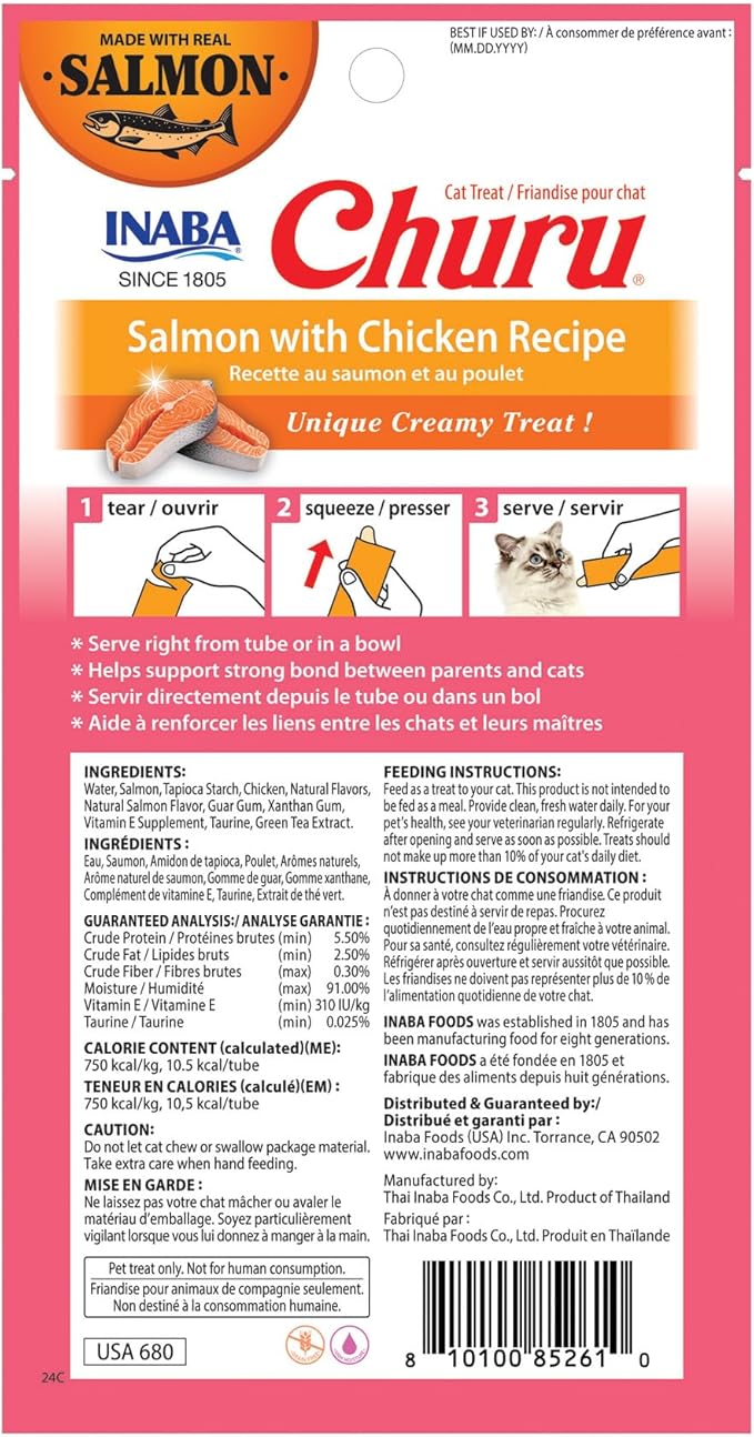 INABA Churu Cat Treats, Lickable, Squeezable Creamy Purée Cat Treat with Green Tea Extract & Taurine, 0.5 Ounces Each Tube, 24 Tubes (4 per Pack), Salmon with Chicken Recipe