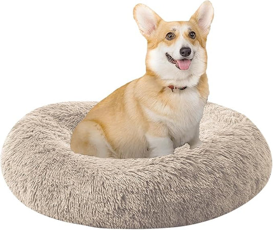 Dog Bed for Indoor, Faux Fur Calming Dog & Cat Bed 24' Anti-Anxiety Donut Soft Plush Cushion for Small Medium Dogs & Cats with Slip-Resistant Bottom(Khaki)
