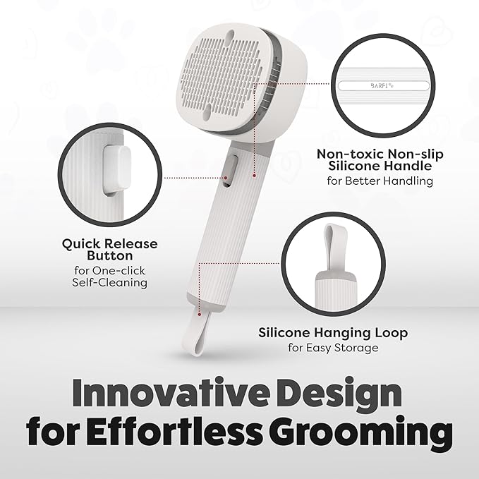 BARFI Pet Brush - Self-Cleaning Pet, Cat, Dog Shedding Brush - Multi-Functional Grooming Tool with Negative Ion Technology, Vibrating Massager, Wood's Lamp (Gray) - Free Pet Bowl