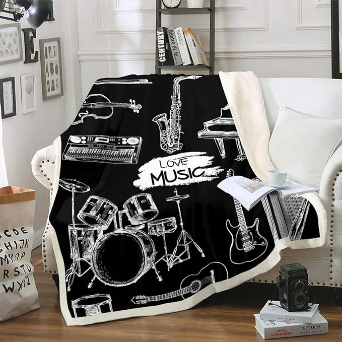 Guitar Fleece Throw Blanket for Sofa Couch Drum Kit Piano Music Themed Sherpa Blanket Black White Musical Pattern Warm Plush Room Decor Instruments Print Fuzzy Twin 60"x80"