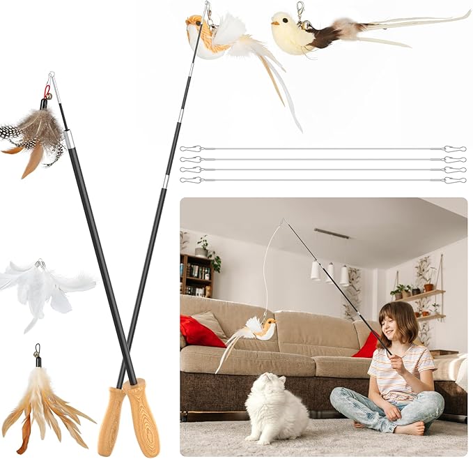 ROSAUI Cat Teaser Wand Toys, Interactive Bird Toys for Indoor Kittens, 47’’ Long Cat Fishing Pole Toys, 2X Wires and 5X Natural Refills, Sustainable Wooden Handles, Exercising, Playing