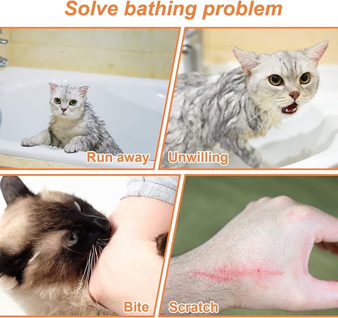 Cat Bathing Bag, Breathable Mesh Anti Scratch Adjustable Cat Grooming Bag for Nail Trimming, Bathing Polyester Soft Cat Washing Bag (Blue-Orange)