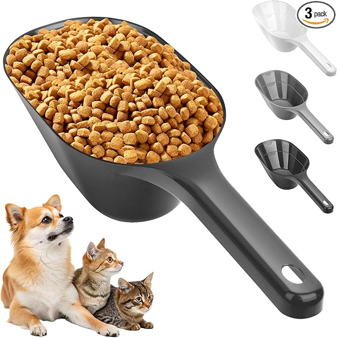 3PCS Dog Food Scoop, 1 Cup Plastic Pet Food Scoop with Measuring Lines 1/2 Cup and 1 Cup for Dogs, Cats, Birds and Rabbits (Grey,Black and White)