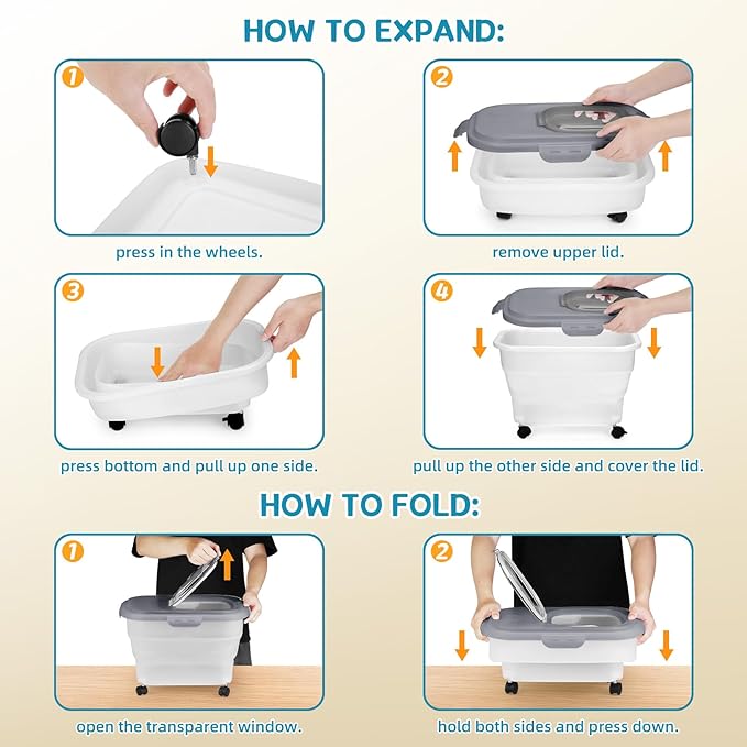 Pet Food Container, Collapsible Dog Food Storage Container with Detachable Casters & Airtight Lid for Keeping Dry Kibbles, With Dog Food Scoop and Measuaring Cups