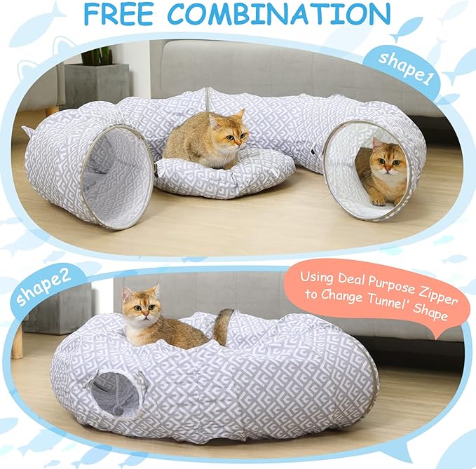 BORPEIN Cat Tunnel Bed, Cat Donut Tunnel, Peekaboo Cat Cave for Indoor Cats Kitty Kitten Crinkle Collapisble Donut Cat Tunnels
