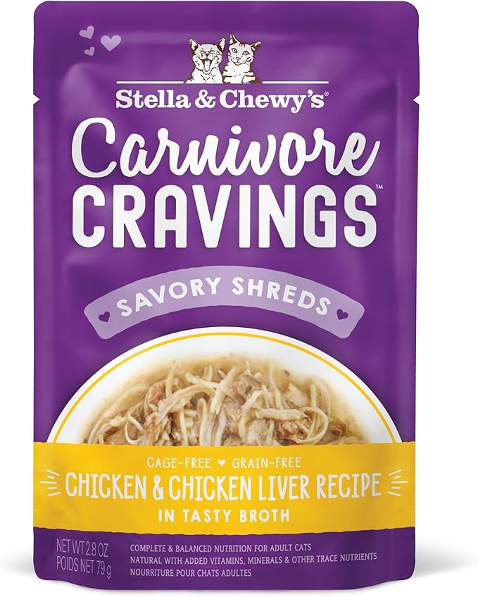 Stella & Chewy’s Carnivore Cravings Savory Shreds Wet Cat Food Pouches – Grain Free, Protein Rich Meal, Topper or Treat – Chicken & Chicken Liver Recipe (2.8 Ounce Pouches, Case of 12)