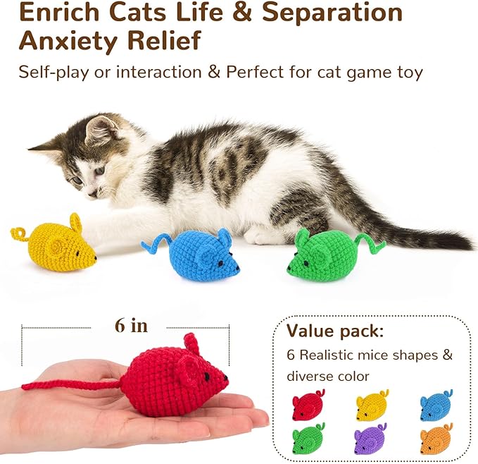 Retro Shaw Catnip Toys Mice,Cat Nip Toys for Indoor Cats Kitten,6 Pack Cat Toys Mouse Woolen Yarn Crochet Animals Toys,Cat Teeth Cleaning Toy Cat Kicker Toys