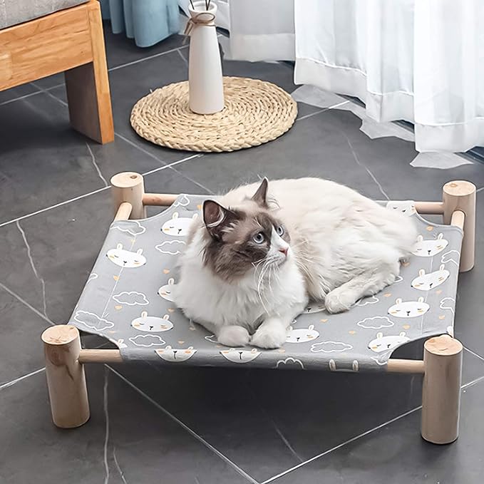 TUSATIY Cat Hammock Bed, Solid Wooden Removable Washable Cat Bed, Elevated Pet Sleeping Bed Breathable Fit for Cats and Puppies | Easy to Assemble (Rabbit)
