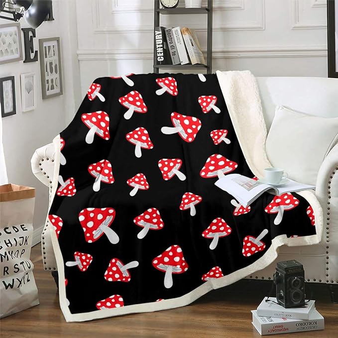 Feelyou Cute Mushrooms Plush Throw Blanket Red Mushrooms Sherpa Blanket Natural Wild Fungus Fleece Throw Blanket Botanical Fuzzy Blanket for Kids Boys Girls 60"X80" Black