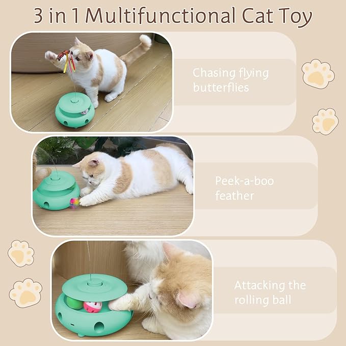 Interactive Cat Toy Automatic Cat Toys for Indoor Cats, 3-in-1 Electric Cat Toy USB Rechargeable, Ambush Feather, Fluttering Butterfly, Track Balls Kitten Toy Cat Exercise Toys (Tiffany Blue)