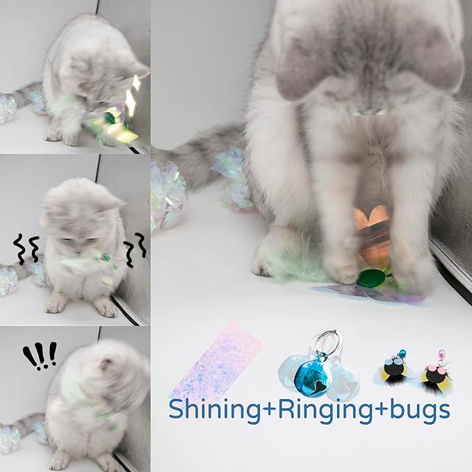 Cat Toy, Shiny Insect Refills for Cat Wand Toy, 9PCS Replacements with Bells for Cat Fishing Pole Toy, Interactive Cat Toy Lightweight, Chase and Exercise (Insects + Ball Set)