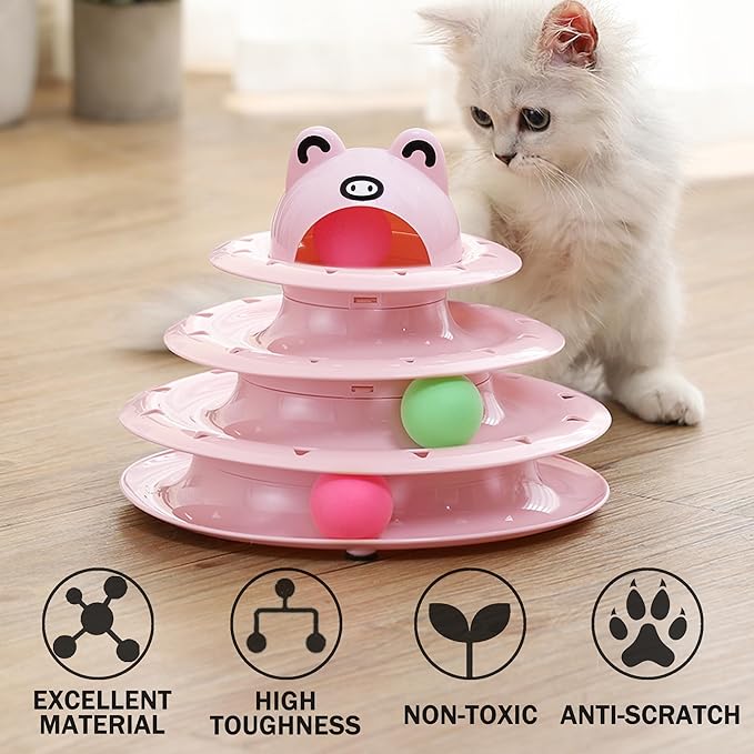 Suhaco 26 Pack Cat Toys Interactive for Indoor Cats Kitten Toy Fun Roller 4 Level Cat Teaser Ball Toys with 4 Colorful Balls Cat Feather Wand Kitty Toy Set for Boredom (Pink)
