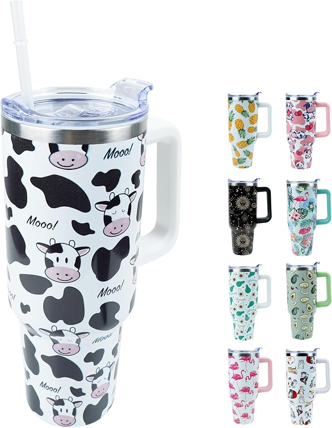40 oz Tumbler with Handle and Straw, Stainless Steel Insulated Cup with Leak Proof Lid and Straw Lid, Keep Drinks Cold and Hot for Hours（Cow）